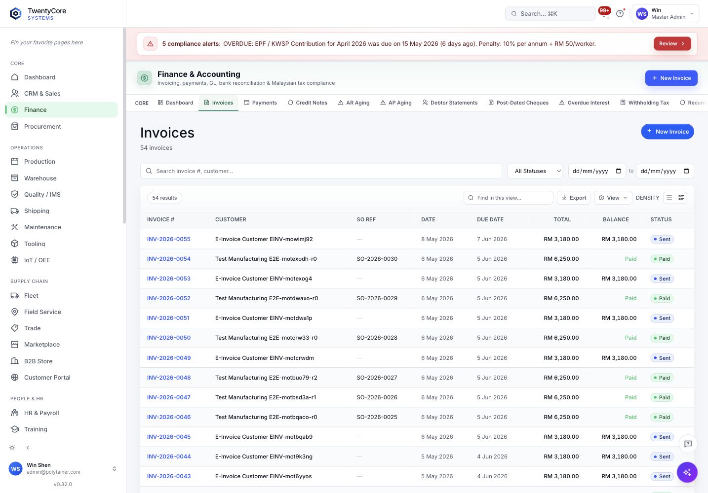 Finance invoices workflow screen