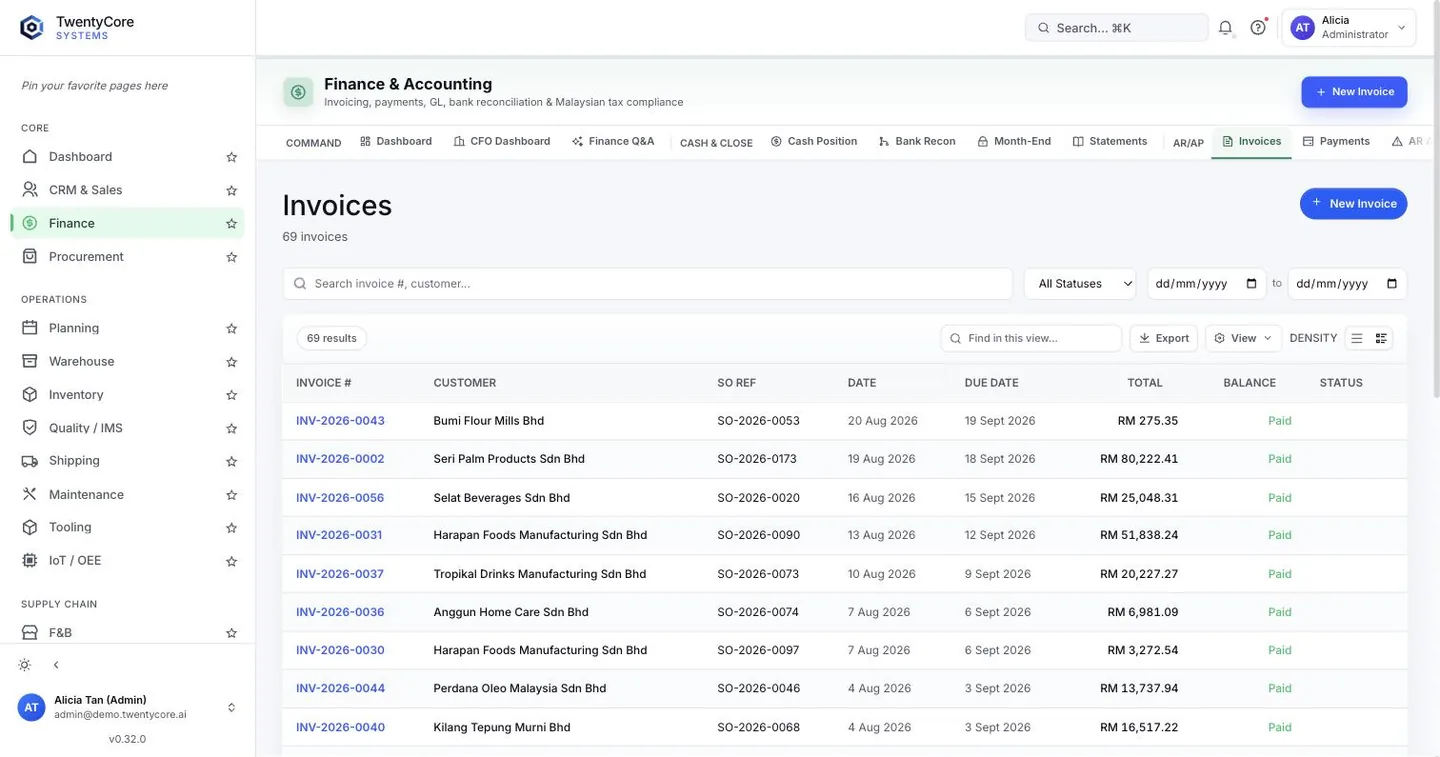 Finance screen in TwentyCore