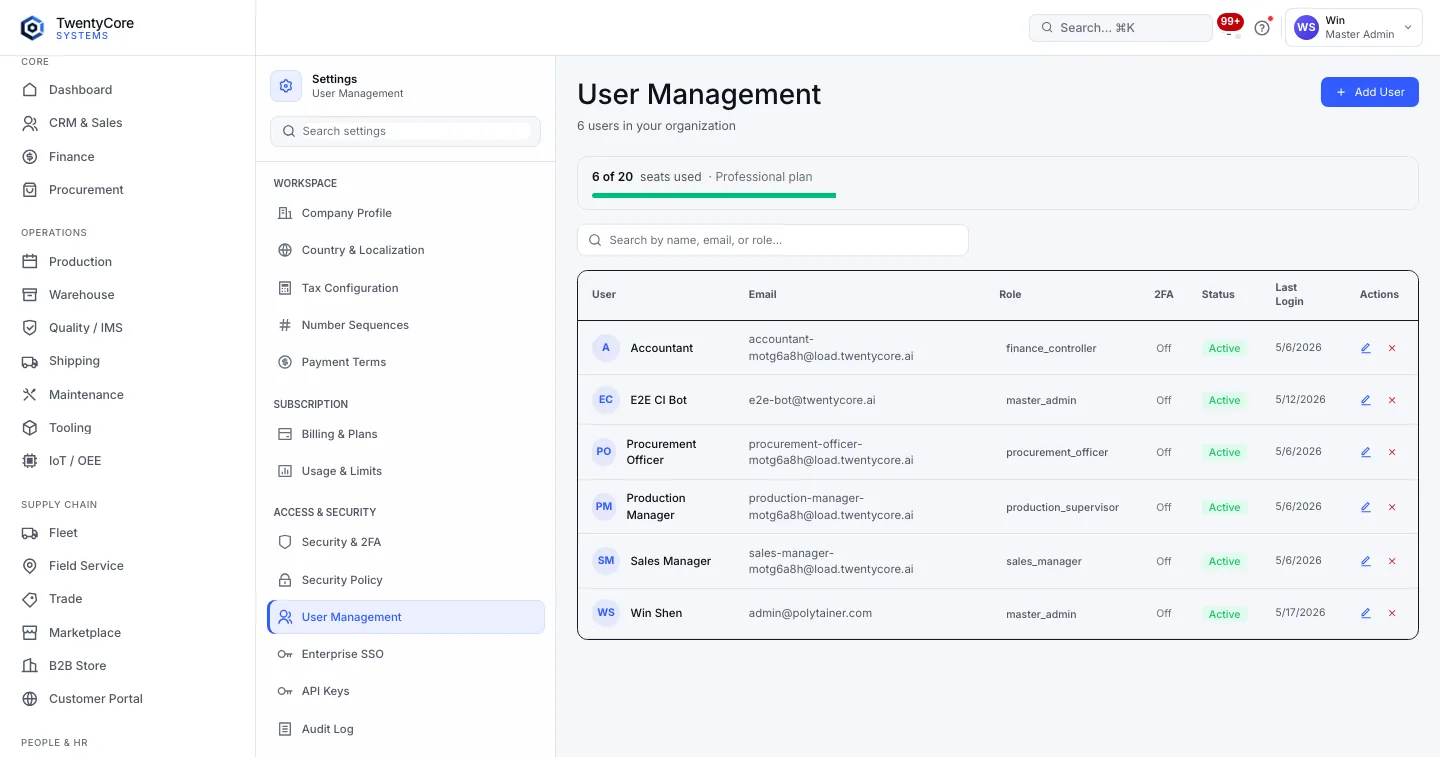 Settings and users screenshot