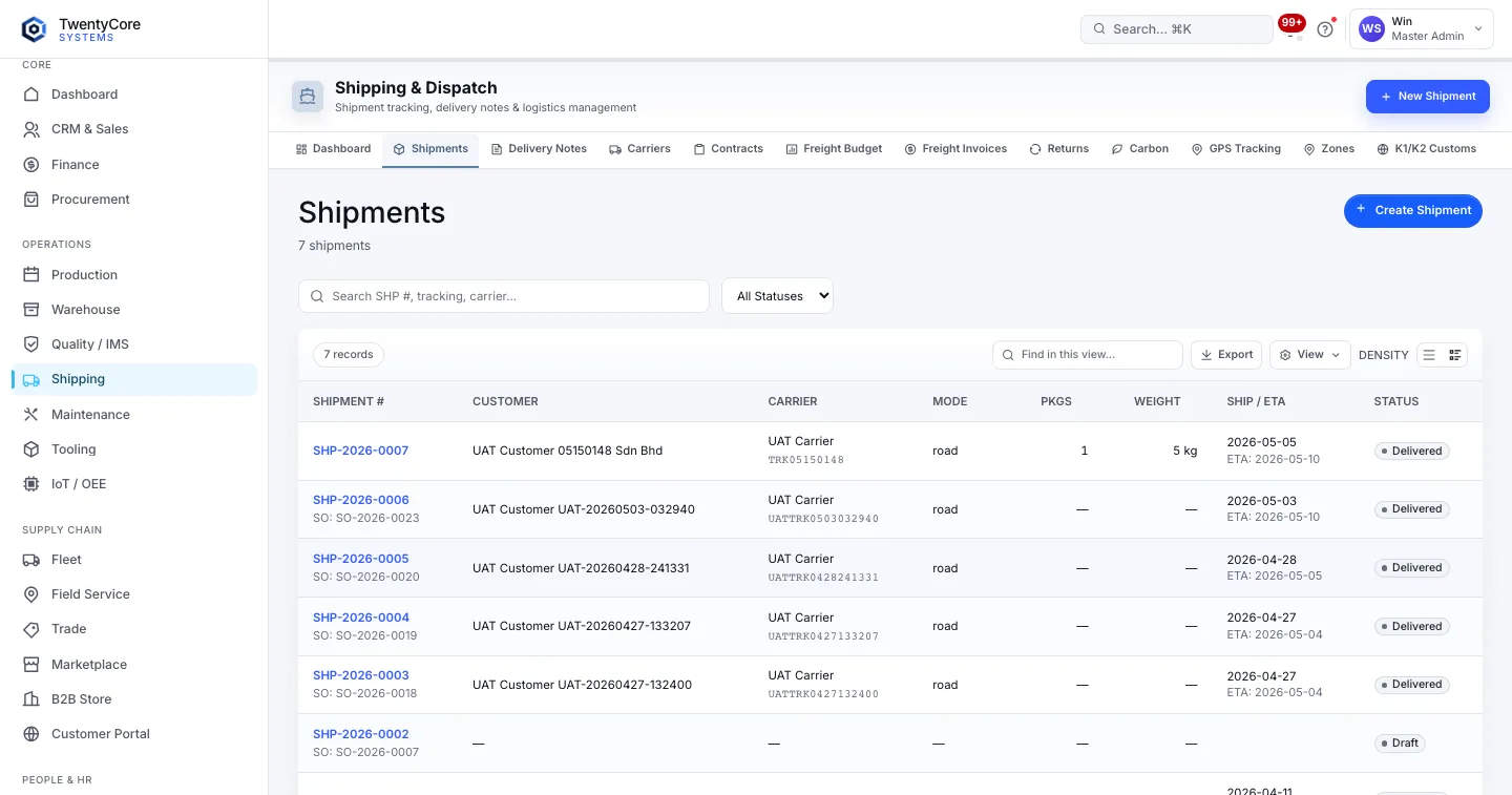 TwentyCore shipping shipment list with status, tracking, and dispatch context.